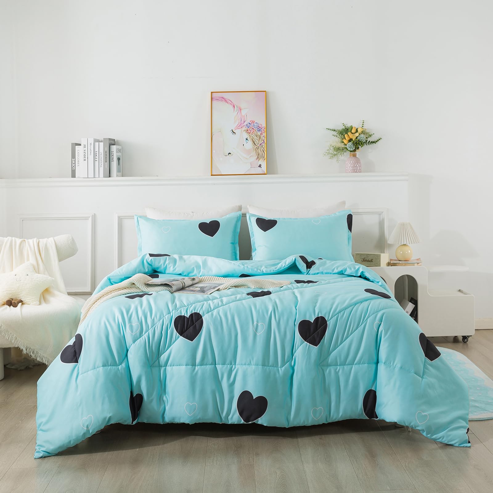 Caressma Heart Pattern Girls Comforter Set Twin Size, Light Blue Cute Love Print Comforter Bedding Set, Soft Microfiber Comforte